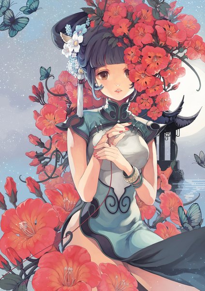 Anime picture 1100x1557 with original chkuyomi single long hair tall image looking at viewer black hair bare shoulders brown eyes nail polish traditional clothes profile hair flower lips teeth lipstick red nail polish insect wings butterfly wings girl