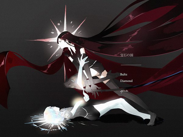 Anime picture 1000x754 with houseki no kuni diamond (houseki no kuni) bort ajimita short hair black hair simple background silver hair lying very long hair profile on back copyright name character names black background fighting stance androgynous amputee thighhighs gloves