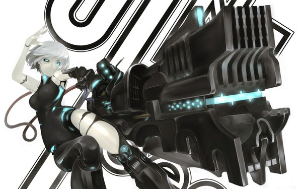 Anime picture 1920x1200 with original yunar single fringe highres short hair wide image bare shoulders aqua eyes grey hair glowing mechanical parts girl weapon wire (wires) huge weapon android