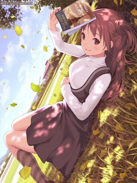 Anime picture 600x800 with ilog ninagawa ranko mana kakkowarai single long hair tall image blush smile brown hair brown eyes lying girl dress plant (plants) tree (trees) socks book (books) leaf (leaves) grass striped socks