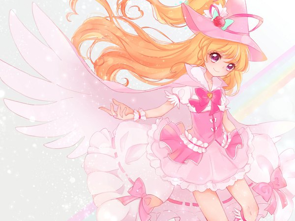 Anime picture 1440x1080 with precure mahou girls precure! toei animation asahina mirai cure miracle cure miracle (alexandrite style) hicho single long hair looking at viewer blush blonde hair smile purple eyes bent knee (knees) head tilt puffy sleeves outstretched hand magical girl girl