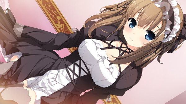 Anime picture 1920x1080 with berry's houkou yuuka sakura koharu long hair blush highres blue eyes smile brown hair wide image game cg maid girl thighhighs dress black thighhighs headdress maid headdress