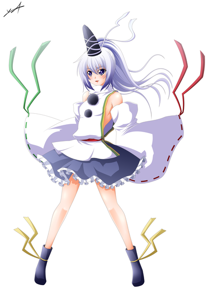 Anime picture 2000x2833 with touhou mononobe no futo haru-yua (artist) single long hair tall image highres simple background white background purple eyes white hair ponytail girl hat detached sleeves