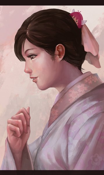 Anime picture 1137x1903 with r-chie (artist) single tall image short hair black hair brown eyes traditional clothes japanese clothes profile lips girl kimono