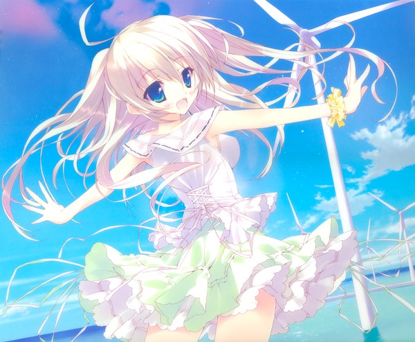 Anime picture 3428x2824 with chiisana kanojo no serenade katagai shione tsurusaki takahiro single long hair blush highres open mouth blue eyes absurdres sky cloud (clouds) white hair looking back scan girl dress wind turbine