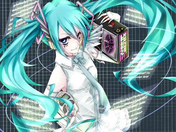 Anime picture 1400x1050 with vocaloid hatsune miku reeko (meteor) single long hair looking at viewer fringe blue eyes hair between eyes twintails nail polish from above aqua hair girl gloves necktie fingerless gloves