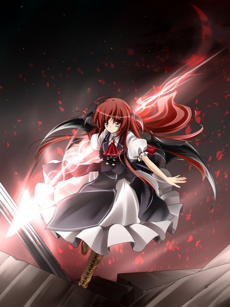 Anime picture 2100x2800 with touhou koakuma koshi-kun (artist) single long hair tall image highres red eyes red hair head wings ruins girl dress wings spear spear the gungnir