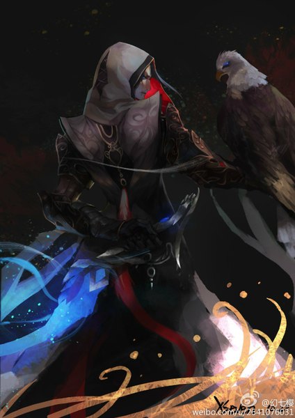 Anime picture 1024x1448 with assassin's creed (game) xseven single tall image blue eyes black hair standing holding profile dark background bird on hand boy weapon animal armor bird (birds) hood