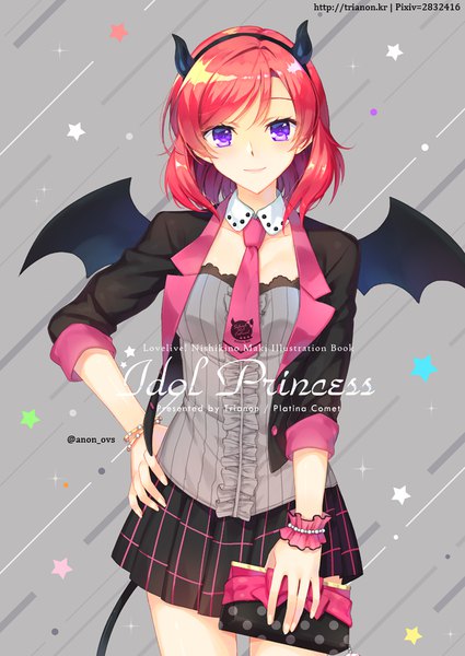 Anime picture 638x900 with love live! school idol project love live! school idol festival sunrise (studio) love live! nishikino maki trianon single tall image looking at viewer short hair purple eyes signed pink hair pleated skirt light smile copyright name hand on hip character names twitter username demon wings