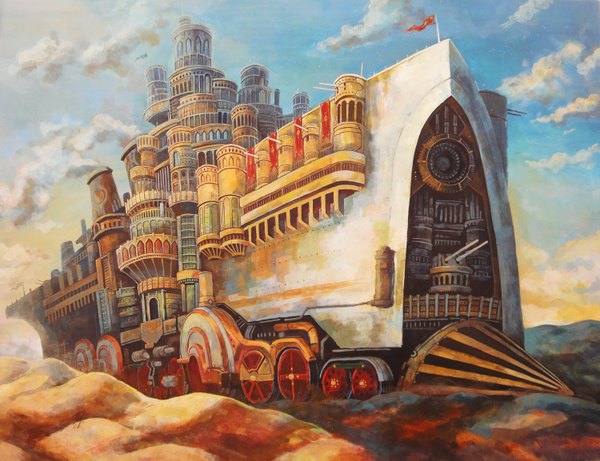 Anime picture 1500x1153 with original kemi neko cloud (clouds) wallpaper smoke no people steam punk building (buildings) flag castle watercraft ship