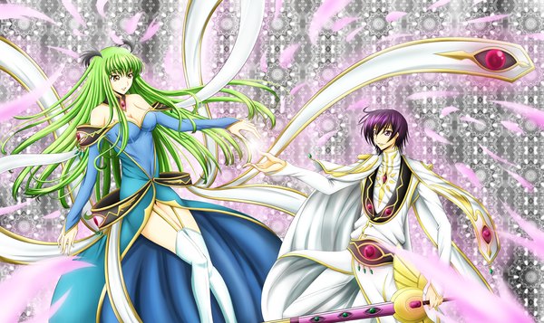 Anime picture 1207x719 with code geass sunrise (studio) c.c. lelouch lamperouge ccllsaikou long hair fringe short hair wide image purple eyes brown eyes purple hair green hair couple girl thighhighs dress boy weapon detached sleeves