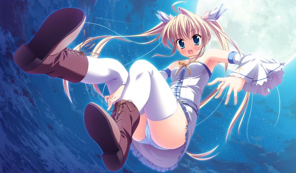 Anime picture 3072x1800 with angel ring mika alsted heine yamakaze ran highres blue eyes light erotic blonde hair wide image game cg night pantyshot girl detached sleeves boots moon