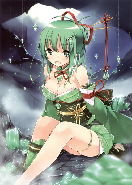 Anime picture 2489x3500 with original refeia single long hair tall image highres breasts open mouth light erotic bare shoulders green eyes looking away traditional clothes japanese clothes green hair scan official art girl hair ornament ribbon (ribbons)