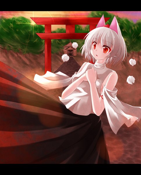 Anime picture 1700x2100 with touhou inubashiri momiji shimeji hachi (artist) single tall image short hair red eyes bare shoulders animal ears white hair letterboxed girl detached sleeves torii tokin hat