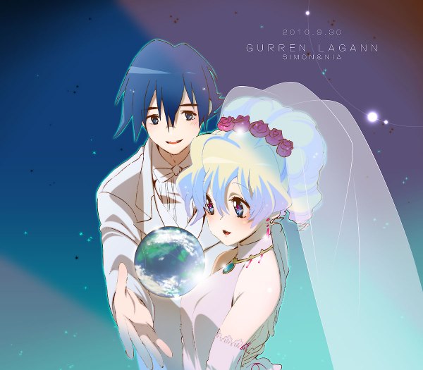 Anime picture 1200x1050 with tengen toppa gurren lagann gainax nia teppelin simon yukimitsuki long hair blush short hair blue eyes smile blue hair ponytail hair flower inscription couple + + wedding girl dress boy