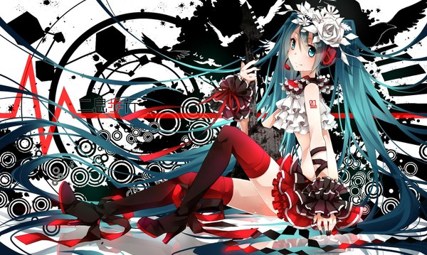 Anime picture 1646x986 with vocaloid hatsune miku toutenkou single looking at viewer blush wide image sitting twintails very long hair hair flower aqua eyes aqua hair tattoo high heels girl skirt hair ornament flower (flowers) ribbon (ribbons)