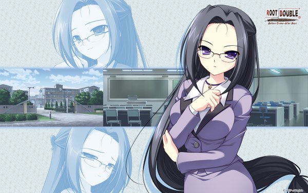 Anime picture 1920x1200 with root double fsubakiyama ena long hair highres black hair wide image purple eyes game cg girl glasses suit