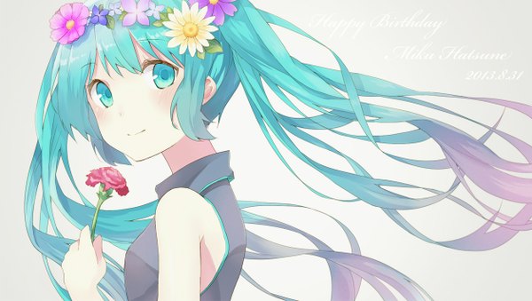 Anime picture 1256x710 with vocaloid hatsune miku nagitoki single long hair blush simple background smile wide image twintails bare shoulders looking away aqua eyes wind aqua hair inscription grey background character names happy birthday 2013