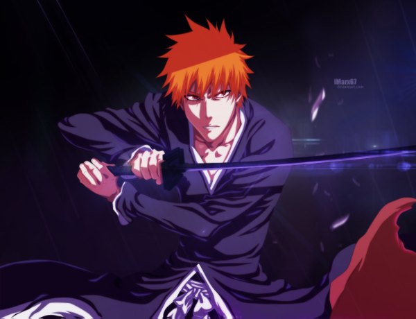 Anime picture 1250x959 with bleach studio pierrot kurosaki ichigo eroishi single short hair japanese clothes orange hair orange eyes coloring boy weapon sword belt kimono katana debris