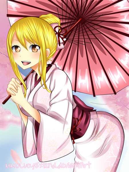 Anime picture 1024x1365 with fairy tail lucy heartfilia mmdlucyextend single long hair tall image blush open mouth blonde hair smile brown eyes sky cloud (clouds) traditional clothes japanese clothes hair bun (hair buns) coloring cherry blossoms girl plant (plants)
