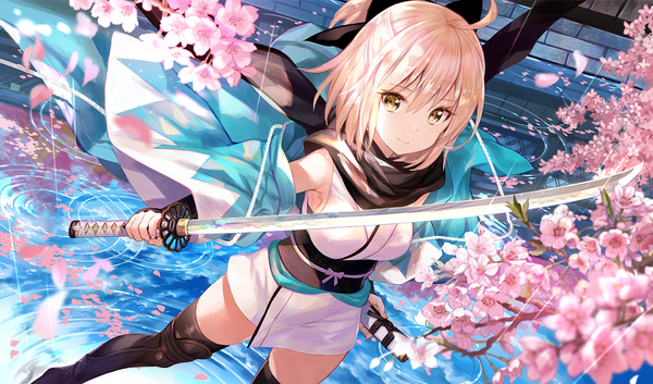 Anime picture 1079x636 with fate (series) koha-ace okita souji (fate) (all) okita souji (koha-ace) fuzichoco single looking at viewer fringe short hair blonde hair smile hair between eyes wide image holding yellow eyes ahoge traditional clothes japanese clothes wide sleeves cherry blossoms