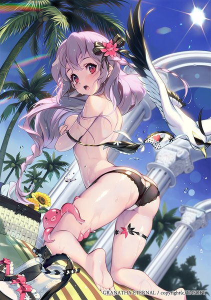Anime picture 800x1138 with original 1000marie single long hair tall image blush open mouth light erotic red eyes ass grey hair girl flower (flowers) bow swimsuit plant (plants) hair bow animal bikini tree (trees)