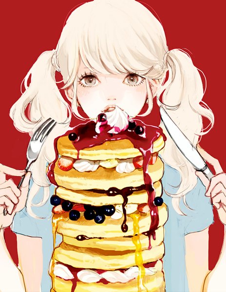 Anime picture 619x800 with original uma (i-boh) single long hair tall image looking at viewer fringe blonde hair twintails brown eyes parted lips lips teeth red background girl food sweets t-shirt berry (berries) knife