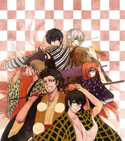 Anime picture 1580x1785 with gintama sunrise (studio) sakata gintoki kagura (gintama) hijikata toshiro okita sougo shimura shinpachi kondo isao ke tall image short hair blue eyes smile red eyes brown hair brown eyes silver hair red hair japanese clothes profile