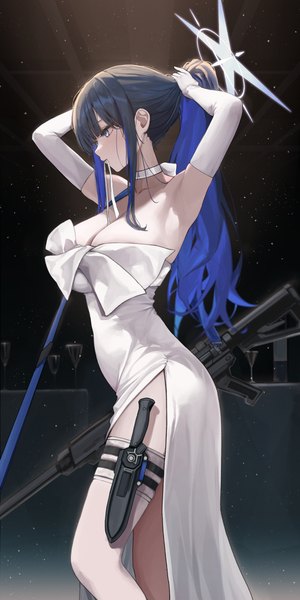 Anime picture 3000x6000 with blue archive saori (blue archive) saori (dress) (blue archive) gwan-e single long hair tall image fringe highres breasts blue eyes light erotic black hair large breasts standing holding looking away cleavage ass ponytail