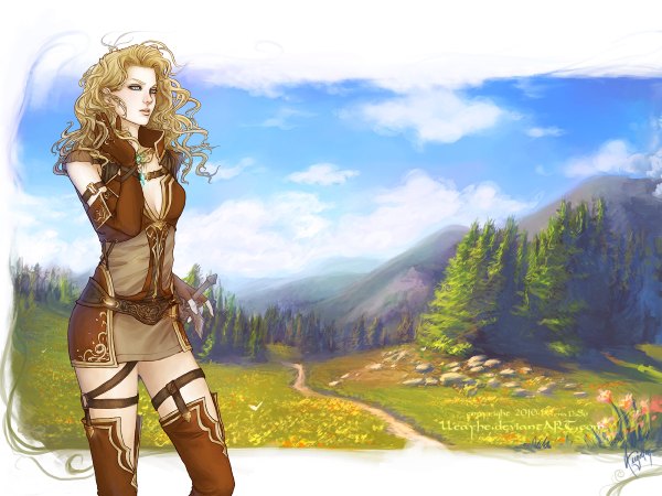 Anime picture 1200x900 with lleayhe single long hair blonde hair sky cloud (clouds) wallpaper landscape curly hair girl gloves weapon sword tree (trees) elbow gloves thigh boots forest