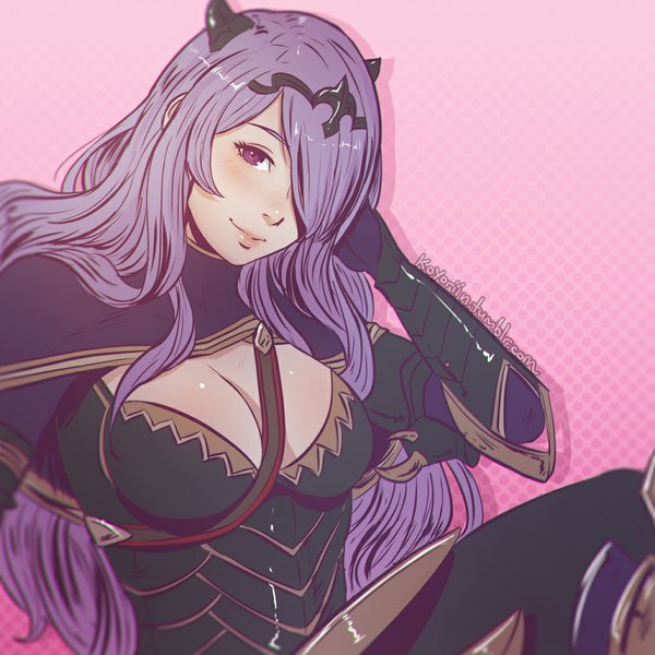 Anime picture 1024x1024 with fire emblem fire emblem fates camilla (fire emblem) koyoriin single long hair looking at viewer blush fringe breasts smile large breasts sitting purple eyes signed cleavage purple hair bent knee (knees) head tilt horn (horns)