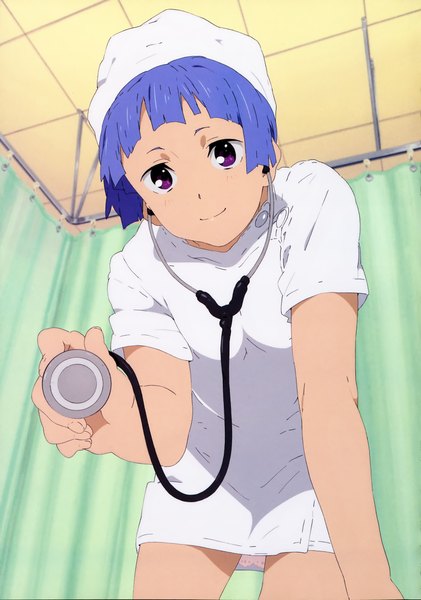 Anime picture 3285x4681 with kannagi nagi (kannagi) single tall image highres short hair smile purple eyes blue hair absurdres scan alternate hairstyle nurse hair up girl nurse cap stethoscope