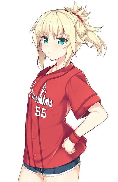 Anime picture 600x920 with fate (series) fate/grand order fate/apocrypha hiroshima touyou carp mordred (fate) haruyuki (yukichasoba) single tall image looking at viewer fringe short hair blonde hair simple background standing ponytail braid (braids) aqua eyes short sleeves side braid clothes writing
