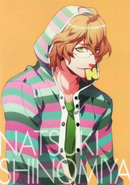 Anime picture 1000x1417 with uta no prince-sama a-1 pictures shinomiya natsuki single long hair tall image looking at viewer short hair blonde hair simple background brown hair green eyes light smile inscription open clothes open jacket striped yellow background orange background boy