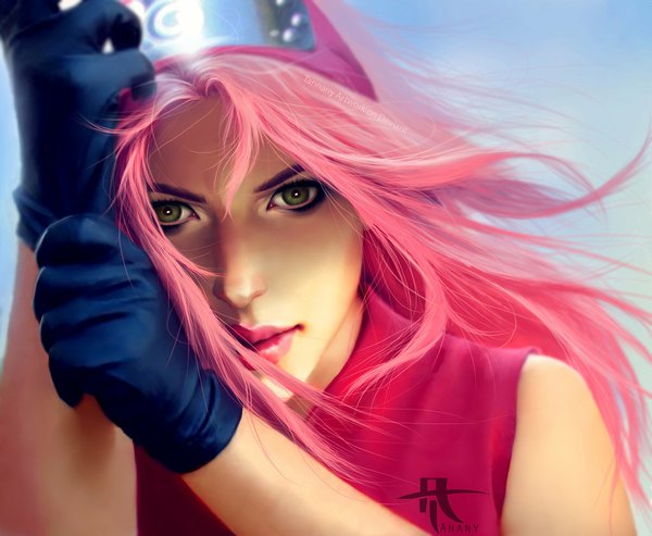 Anime picture 1024x843 with naruto studio pierrot naruto (series) haruno sakura tannany single long hair simple background green eyes pink hair lips realistic close-up adjusting gloves girl gloves bandana