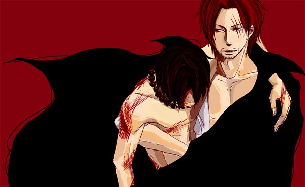Anime picture 1145x706 with one piece toei animation portgas d. ace shanks nico (pakupaku) black hair red eyes wide image red hair hug scar topless red background boy blood cloak beads beard scratch