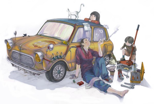 Anime picture 1748x1181 with original mr.out brain (pixiv) long hair highres short hair white background barefoot smoke group smoking single shoe girl animal cat ground vehicle single glove wire (wires) child (children) sneakers cigarette