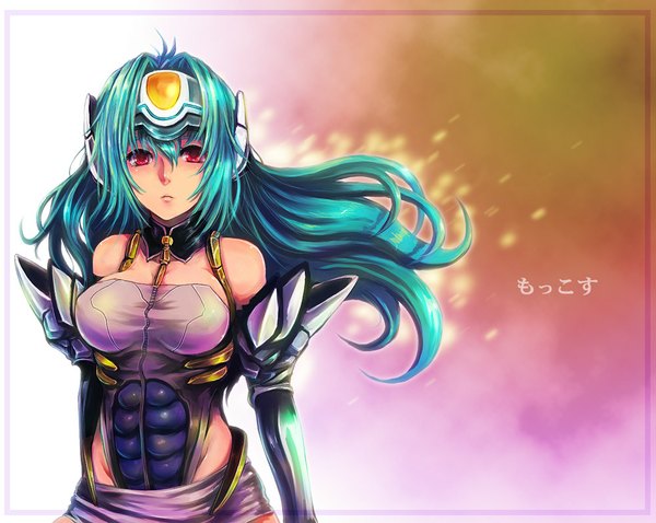 Anime picture 1000x797 with xenosaga monolith software kos-mos kara (color) single long hair looking at viewer blush breasts light erotic red eyes large breasts bare shoulders blue hair floating hair girl helmet