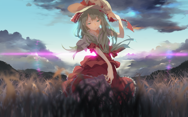 Anime picture 1920x1200 with touhou kagiyama hina dc (12696462) single long hair highres green eyes sky cloud (clouds) blunt bangs wind aqua hair short sleeves puffy sleeves looking down mountain dancing girl plant (plants) hat