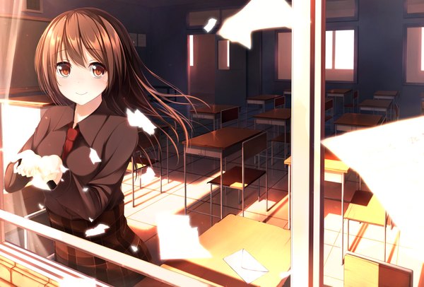 Anime picture 1026x695 with original netarou single long hair looking at viewer smile brown hair brown eyes girl uniform school uniform desk