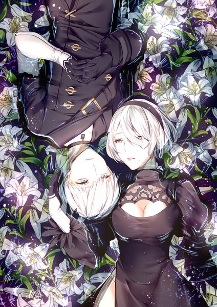 Anime picture 600x849 with nier nier:automata yorha no. 2 type b yorha no. 9 type s maokezi tall image short hair blue eyes light erotic looking away white hair lying parted lips mole sparkle on back puffy sleeves partially submerged side slit cleavage cutout