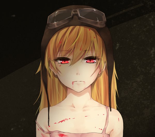 Anime picture 1500x1326 with bakemonogatari shaft (studio) monogatari (series) oshino shinobu kakutasu single long hair looking at viewer blonde hair red eyes bare shoulders dark background girl dress blood sundress goggles helmet