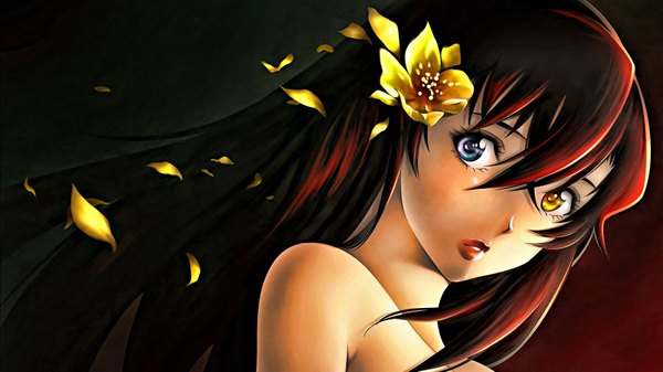 Anime picture 1920x1080 with kurogane no linebarrels kizaki emi long hair highres open mouth brown hair wide image signed red hair hair flower nude lips heterochromia girl hair ornament flower (flowers) petals