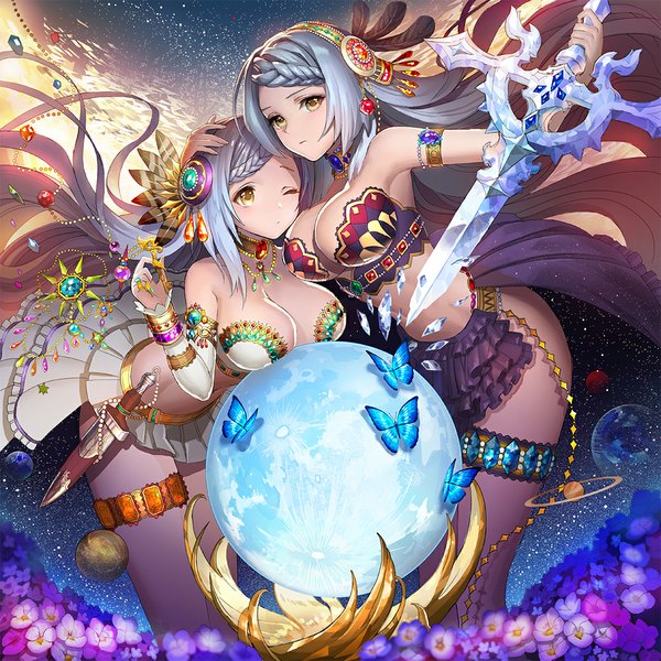 Anime picture 1060x1060 with original teffish long hair breasts light erotic large breasts multiple girls yellow eyes cleavage one eye closed grey hair wink girl hair ornament flower (flowers) weapon 2 girls sword insect butterfly