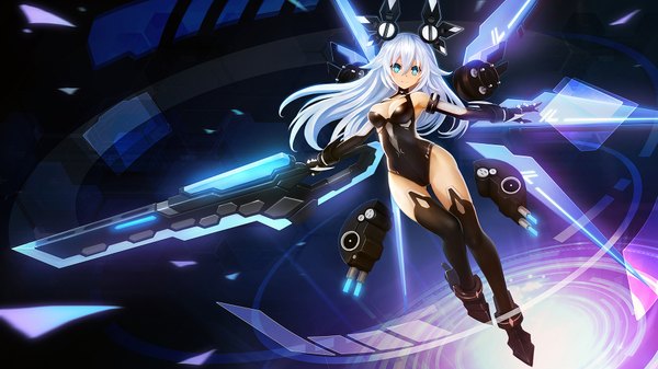 Anime picture 1920x1080 with choujigen game neptune noire black heart zhuore zhi hen single long hair looking at viewer highres breasts blue eyes light erotic wide image white hair girl thighhighs gloves hair ornament weapon black thighhighs sword