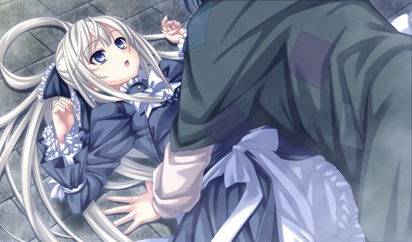 Anime picture 1088x640 with sousouki reginald long hair open mouth blue eyes wide image game cg white hair lying girl dress frills