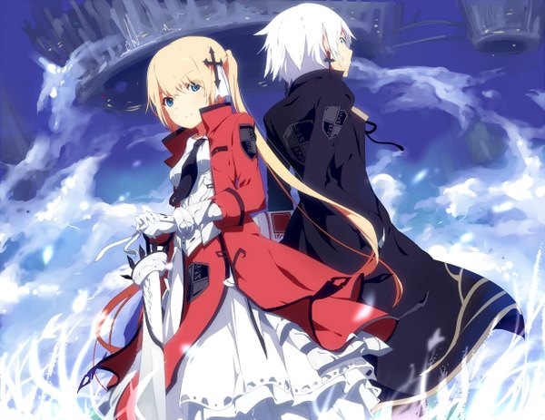 Anime picture 1295x1000 with original ogipote long hair short hair blue eyes blonde hair smile twintails cloud (clouds) white hair from behind magic hands in pockets girl dress boy gloves hair ornament weapon sword