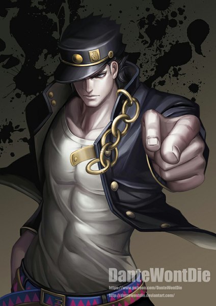 Anime picture 744x1053 with jojo no kimyou na bouken kujo jotaro dantewontdie single tall image short hair blue eyes black hair signed from above grey background outstretched arm muscle hand in pocket pointing pointing at viewer hat over eyes boy uniform school uniform