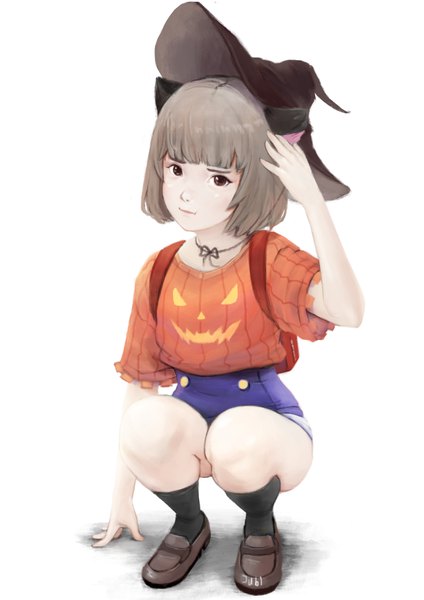 Anime picture 2480x3508 with original hana (jubi) jubi (regiana) single tall image looking at viewer fringe highres short hair simple background white background brown eyes signed animal ears full body blunt bangs grey hair cat ears bare legs squat