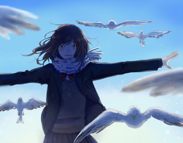 Anime picture 2000x1560 with original hinao (flowerrabbit2348) single long hair blush fringe highres open mouth smile brown hair standing wind spread arms girl uniform school uniform animal scarf bird (birds)